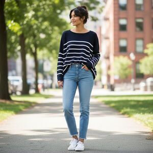 Vince Navy Blue & White Striped Wide Oversized Boxy Top Lightweight Large